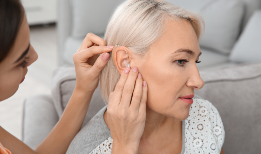 close up of woman's hearing aid