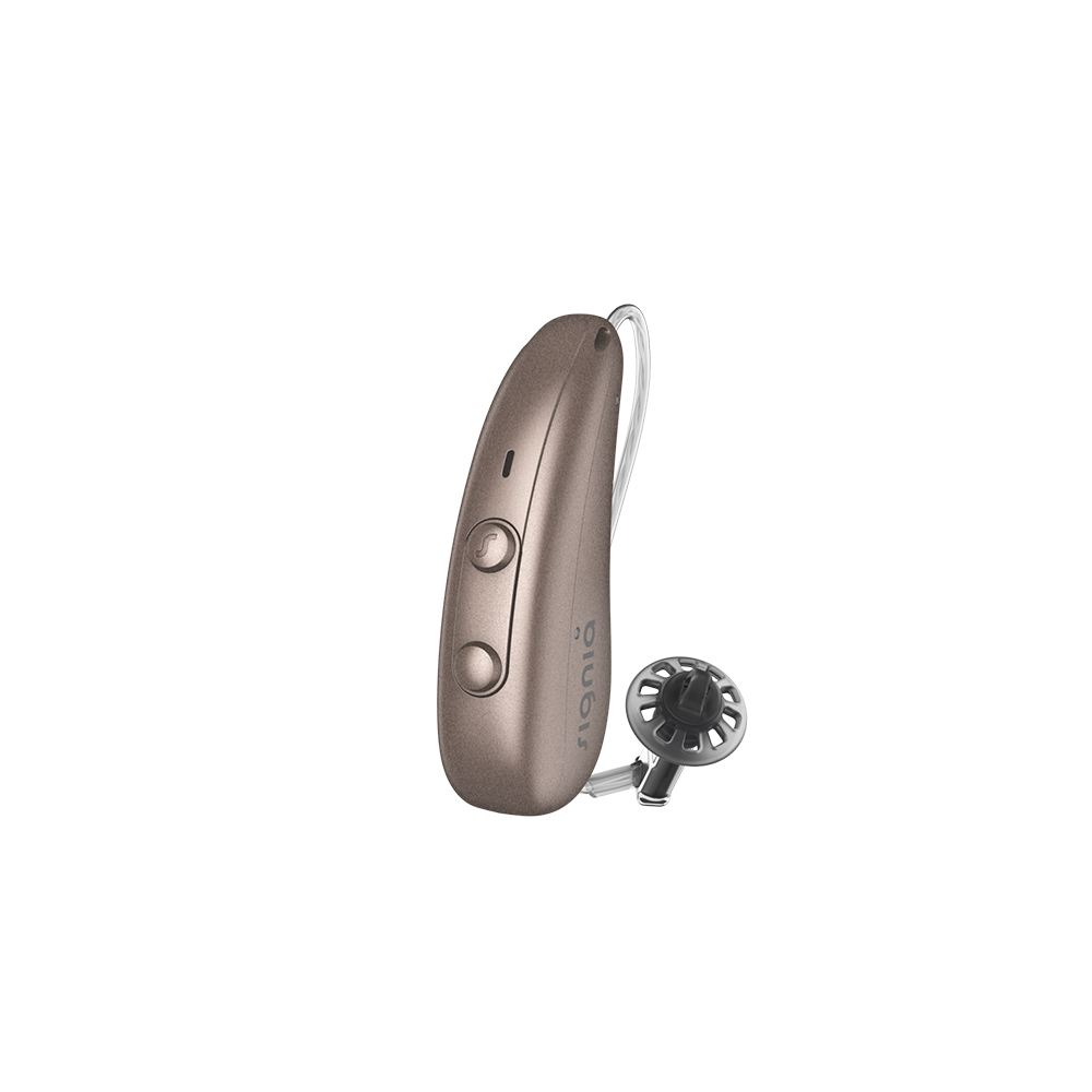 Signia Pure Charge&Go Hearing Aid in sandy brown