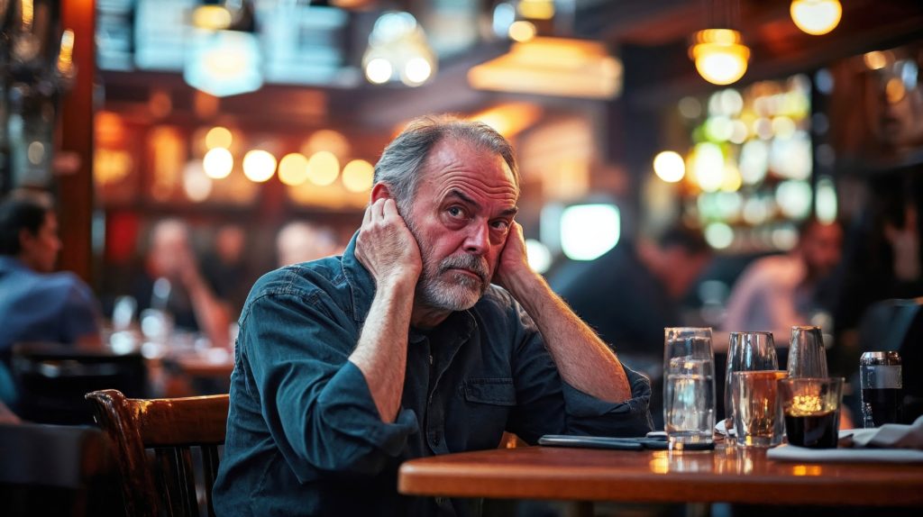 A man sat in a busy bar, covering his ears