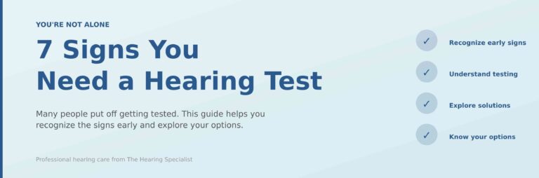A supportive banner titled "7 Signs You Need a Hearing Test" featuring a checklist for recognizing early signs, understanding testing, exploring solutions, and knowing your options for professional hearing care from The Hearing Specialist.