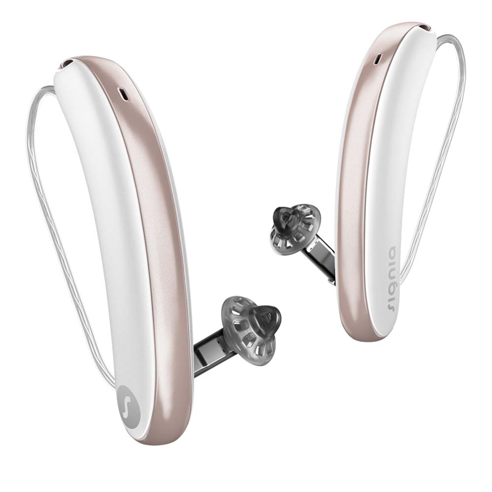 Signia Styletto IX hearing aids in Snow White / Rose Gold