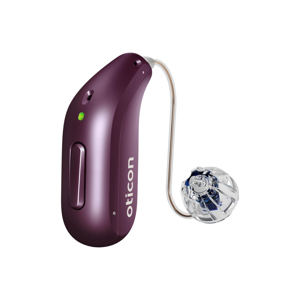 Oticon Reveal miniRITE R hearing aid in Deep Plum