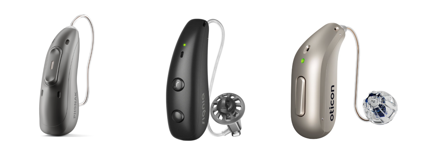 Phonak Audeo EON R, Signia Pure Charge and Go MaX and Oticon Reveal hearing aids compared side by side at matched scale