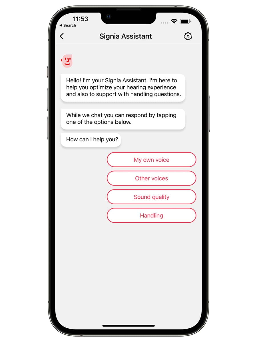 Signia Assistant chat screen — describe how you are hearing in plain English